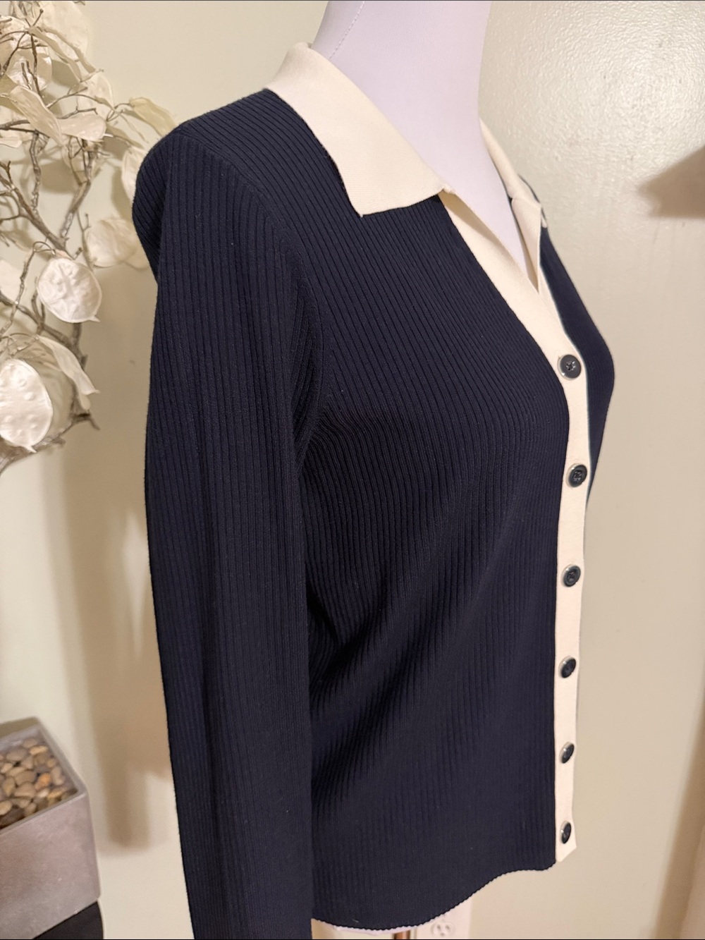Talbots Navy Ribbed Button Cardigan Cream Trim - Picture 3 of 6